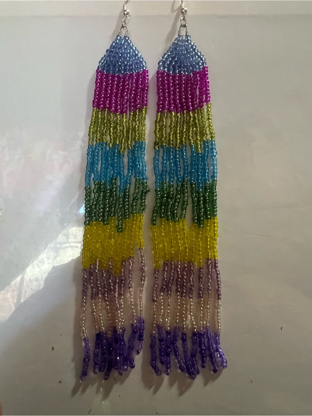 Handmade Multicolor Beaded Fringe Earrings - Blue, Pink, Green, Yellow